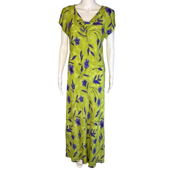 Vtg DW3 David Warren Green Purple Floral Maxi Dress 12 - Picture 1 of 7
